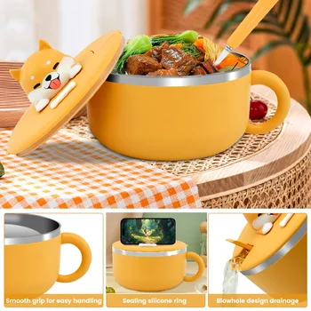 뚜껑이 달린 스테인리스 스틸 도시락 라멘 그릇, 가정 학교 기숙사 사무실 방진 도시락 상자, 휴대용 밥솥, 1200ml 수프 그릇 상품 이미지