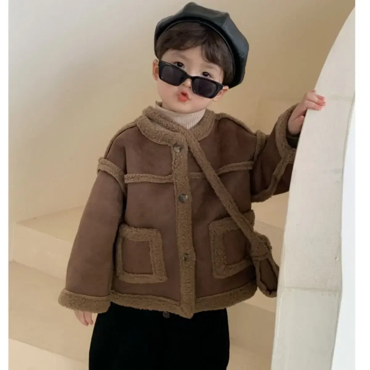 Children Velvet Warm Jackets with Bag Fashion Baby Kids Fleece Outwear Korean Boys Girls Zipper Thickness Suede Coat Winter