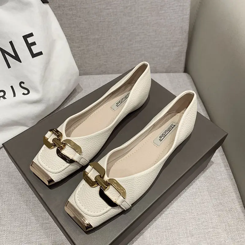 

Ladies Lazy Casual Flat Shoes Women Metal Button Flat Ballet Square Toe Slip on Loafers