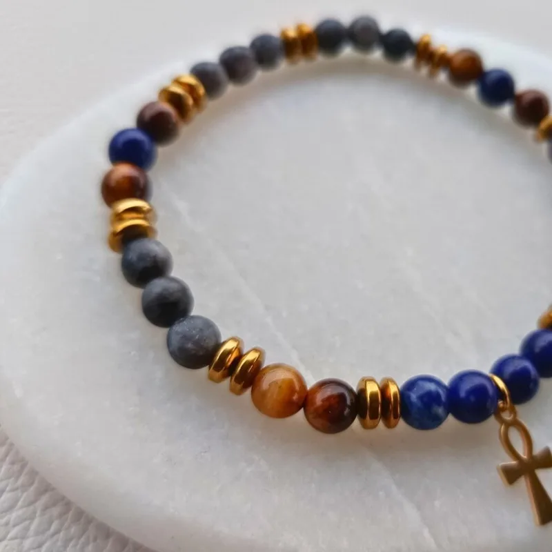Egyptian cross pendant, lapis lazuli and tiger's eye gemstone beaded bracelet - Image 4