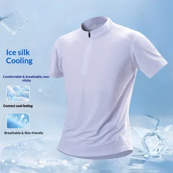 T-shirt sportiva da uomo con mezza zip e colletto rialzato, ad asciugatura rapida, a maniche corte, per corsa, versatile, estiva