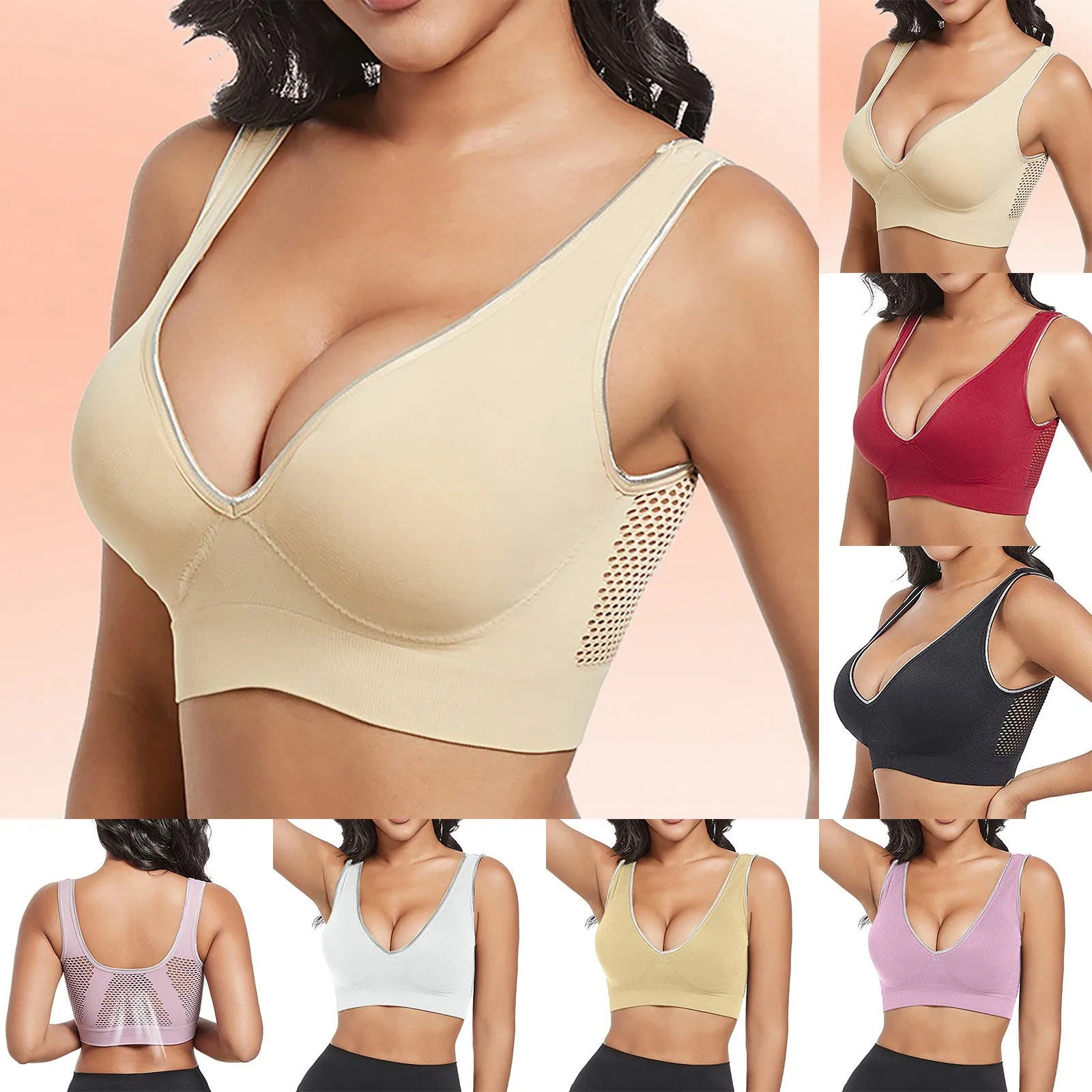 

Women's Front Side Buckle Lace Edge Without Steel Ring Movement Seamless Gathering Adjustment Yoga Sleep Large Bra