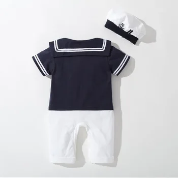 Baby Navy Romper Summer Newborn Kids Boys Girls Sailor Jumpsuit Hat 2Pcs Body Short Sleeve Anchor Printed Suit 3