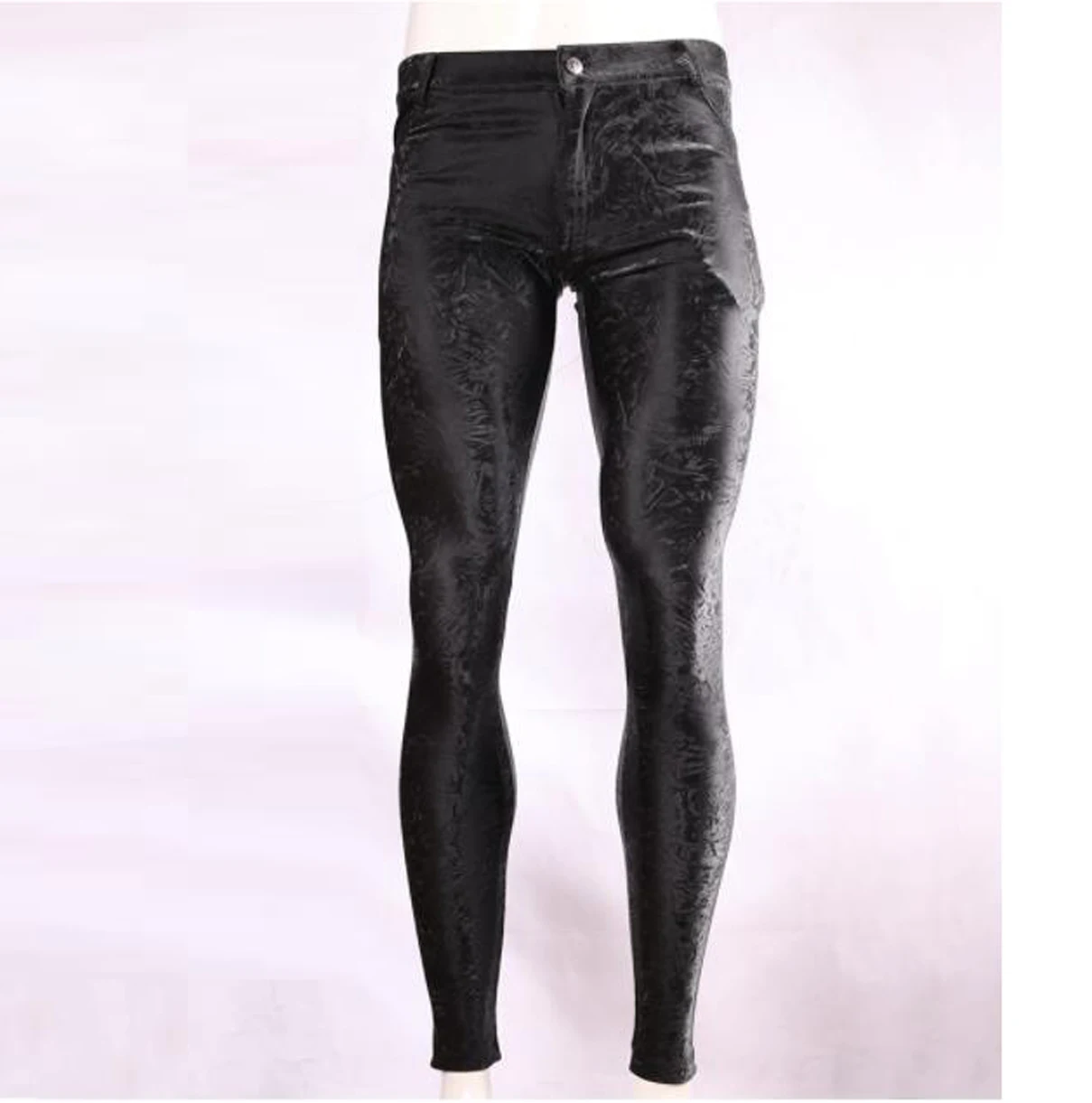 Men Zipper Open Crotch Skinny Legging Elastic Printed Pattern Tight PU