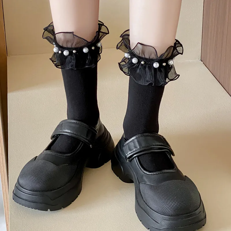Wpmem's Sommer Frühling Baumwolle Französisch Süßer Stil JK Spitze Midtube Socken Organza Mode Holz Ohrflor Flor Socken Perlenstrümpfe – Detail 15