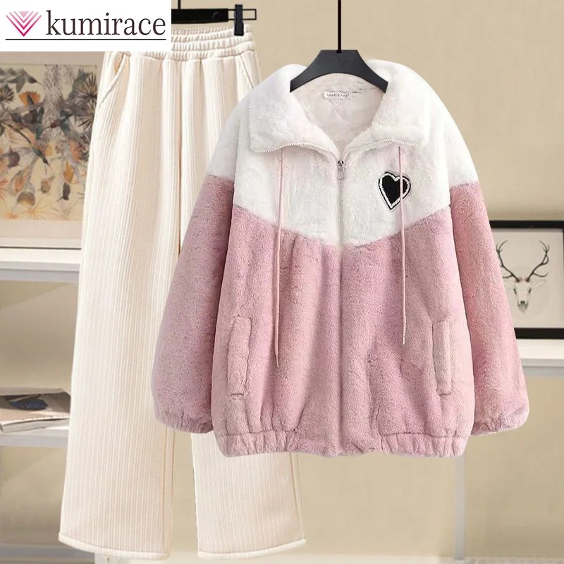 Autumn and Winter Wear Women's 2023 Student Plush Thickened Lamb Wool Coat Loose Wide Leg Pants Two Piece Set for Womenpant Sets winter coat for women imitation lamb wool jackets 2023 korean autumn winter new casual loose fit plush thickened cardigan tops