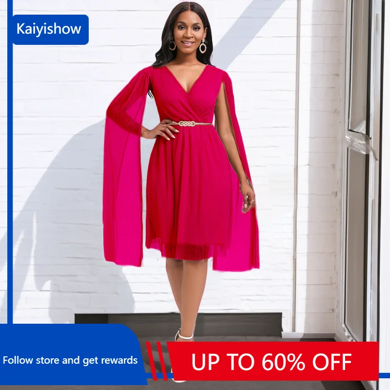 

African Dresses for Women Summer Sexy African Cloak Sleeve Polyester V-neck Blue Khaki Rose Red Knee-length Dress with Belt