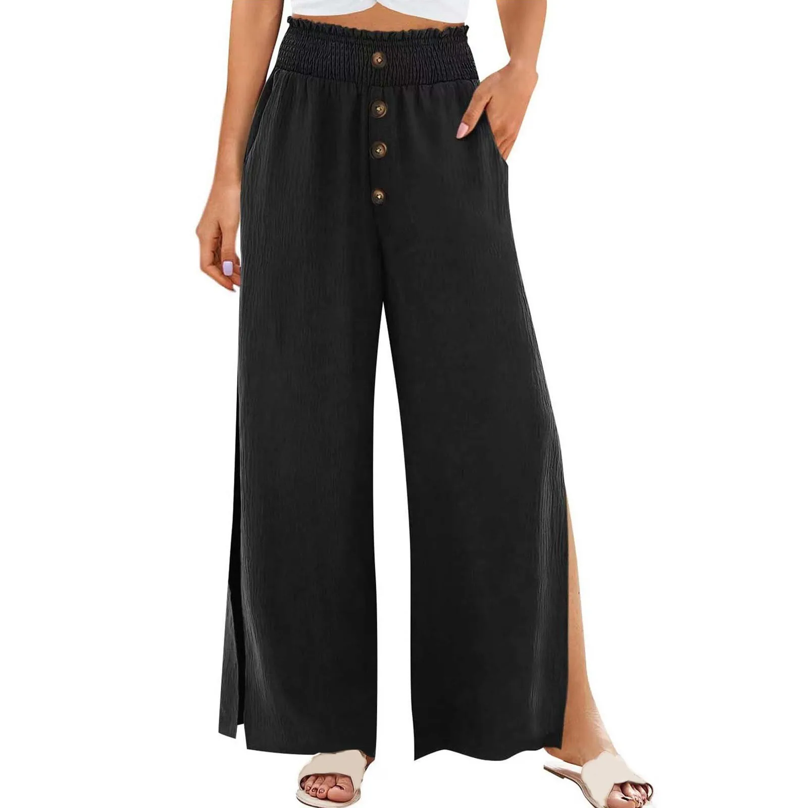 

Cotton Linen Pants Women Comfy Flowy Wide Leg Splits Pants Summer Baggy High Waisted Palazzo Beach Pants Trousers With Pockets