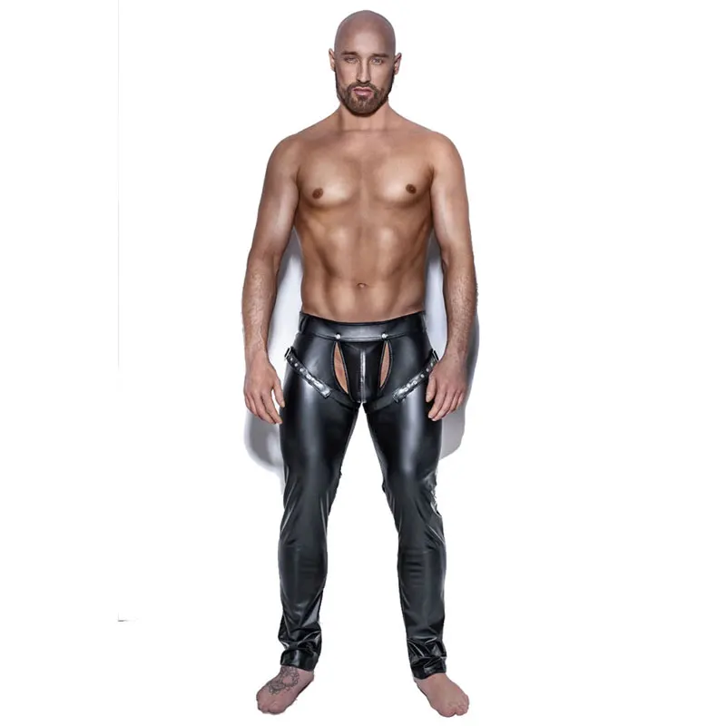 

Sexy Erotic Men Faux PU Leather Pants Male Wetlook Latex Trousers Exotic Clubwear Gay Fetish Open Crotch PVC Pants