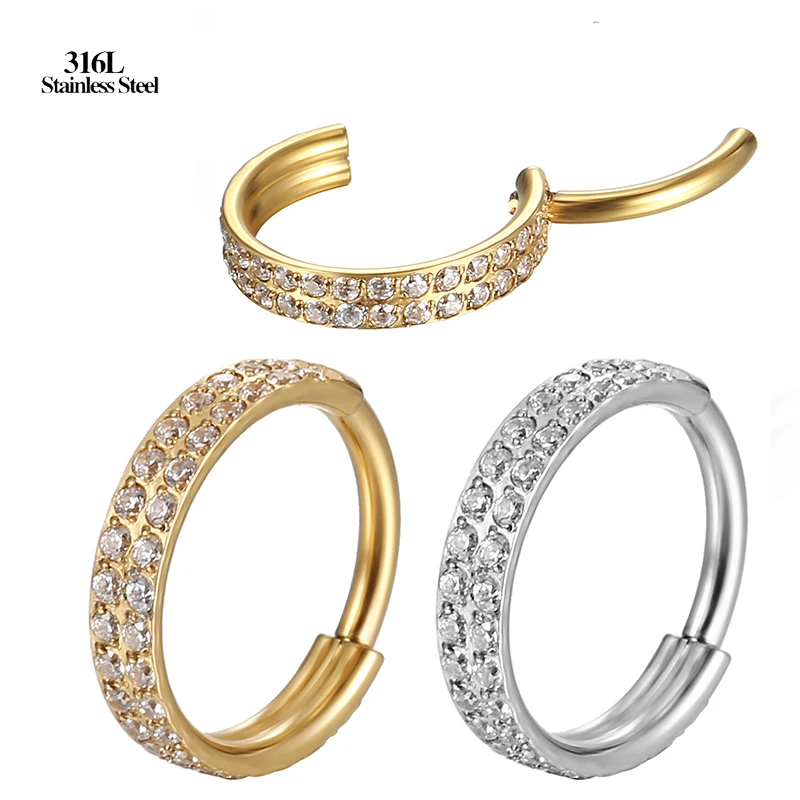 

316L Stainless Steel Round Double Rows Crystal Zircon Nose Ring Septum Helix Earrings Cartilages Tragus Piercing Jewelry