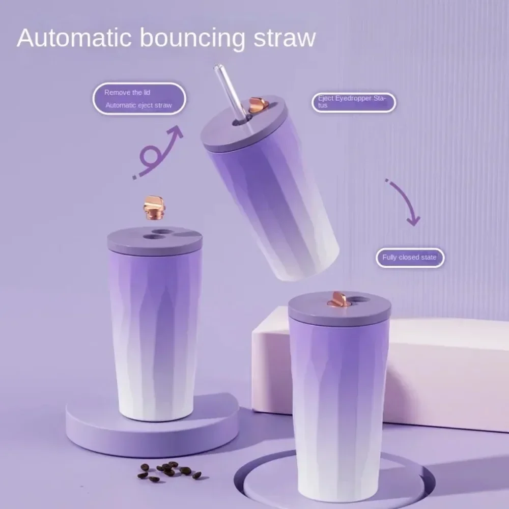 New 304 Double Layer Vacuum Stainless Steel Insulated Cup Automatic Bounce Suction Tube Cup Gradient Strap Cover Coffee Cup liji