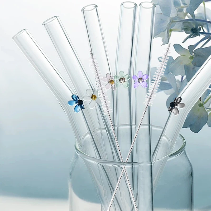 Flower Glass Straw Drinking Reusable Tea Straw Pearl Milkshake Fat 6pcs 2pcs brush 1 bag Transparent Drinking Straws