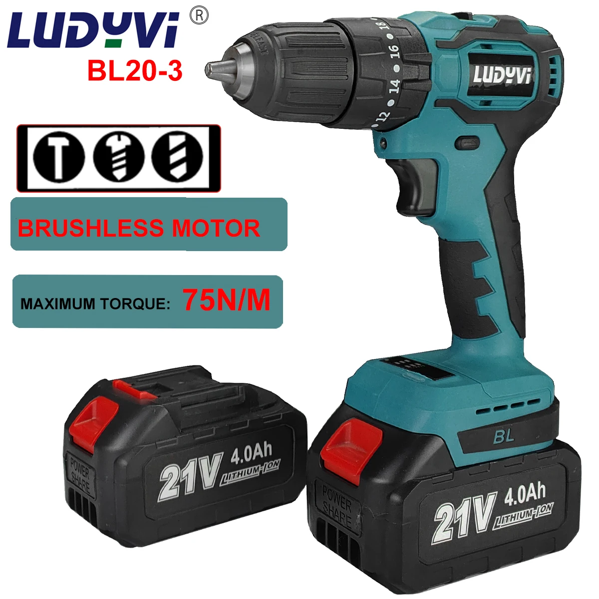 

Brushless Electric Drill 20+3 Torque 75N/M 21V 4000mah Li-ion Battery Cordless Screwdriver Electric Power Tool