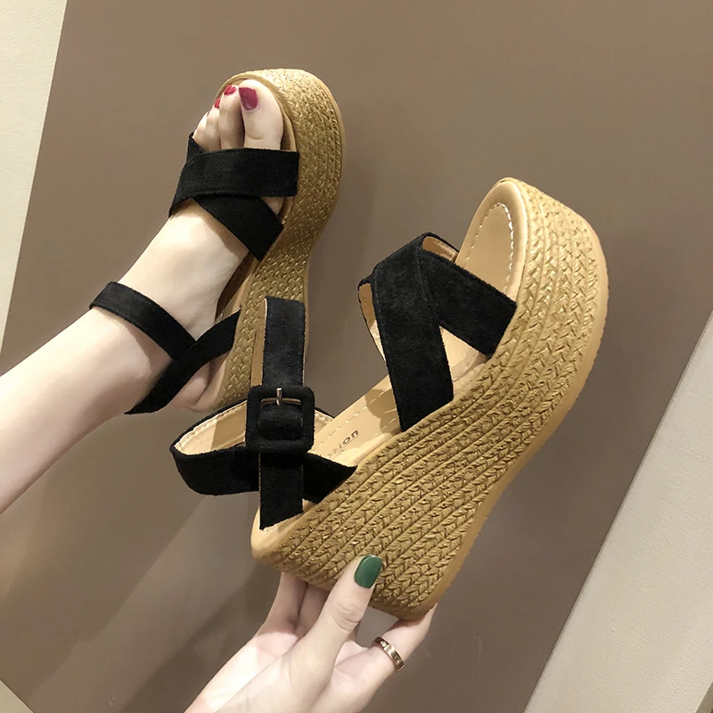Fashion Womens Shoes Black Platform Sandals With Heel Suit Female Beige Buckle Strap Muffins shoe Luxury Espadrilles platform high heels sandals platform sandals ankle buckle sandals