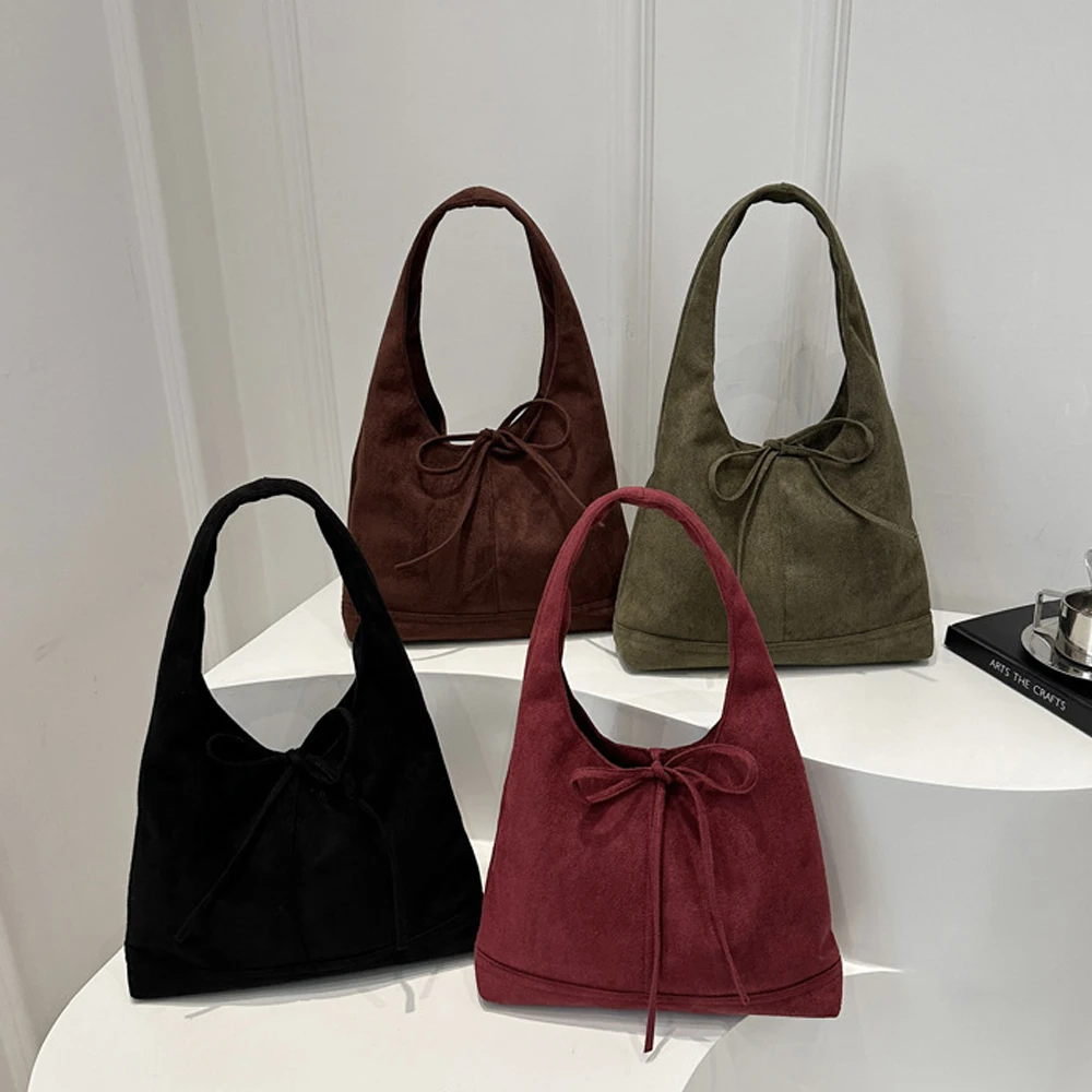 Vintage Suede Tote Bag Large Capacity Fashion Shoulder Casual Solid Handbag Autumn Winter Bucket Underarm Bags for Women