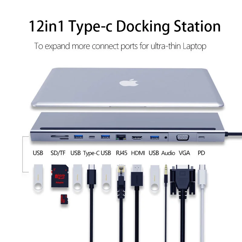 

USB-концентратор 12 в 1, USB 3,5 Type-C, кардридер для SD/TF-карт, RJ45, PD
