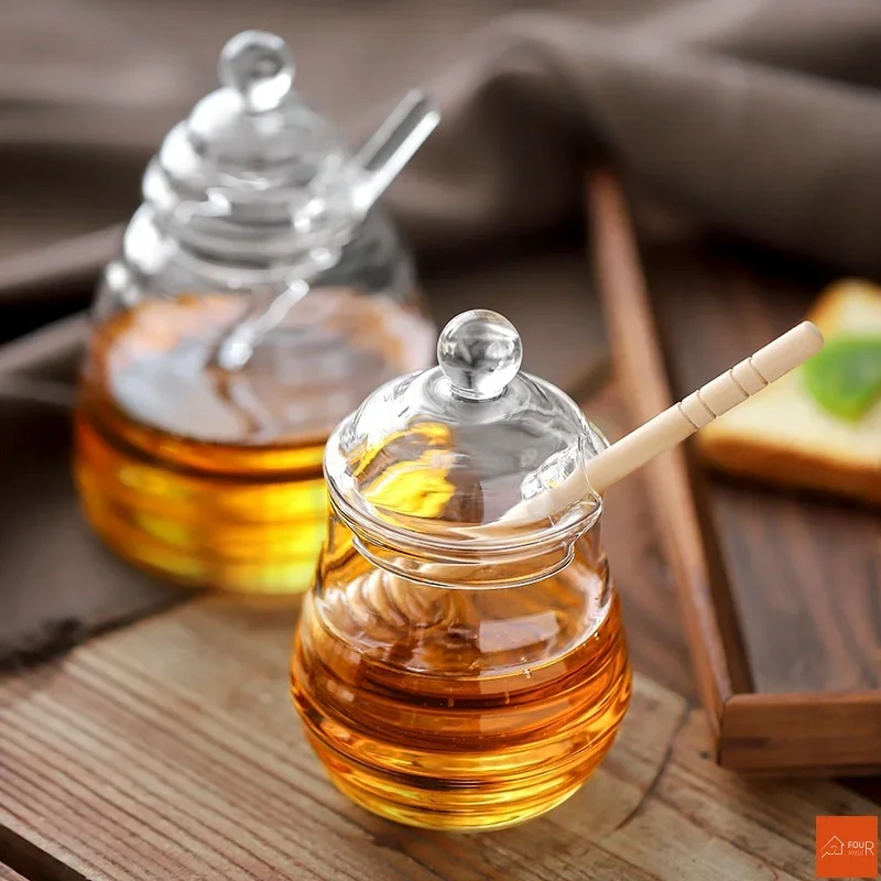 Glass Honey Jar Glass Honeycomb Tank Kitchen Tools Honey Storage Container with Dipper and Lid Bottle for Party Kitchen