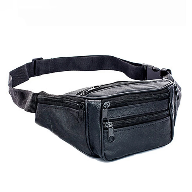 sac banane de poitrine en cuir véritable noir pour hommes, avec plusieurs compartiments zippés et une bandoulière réglable