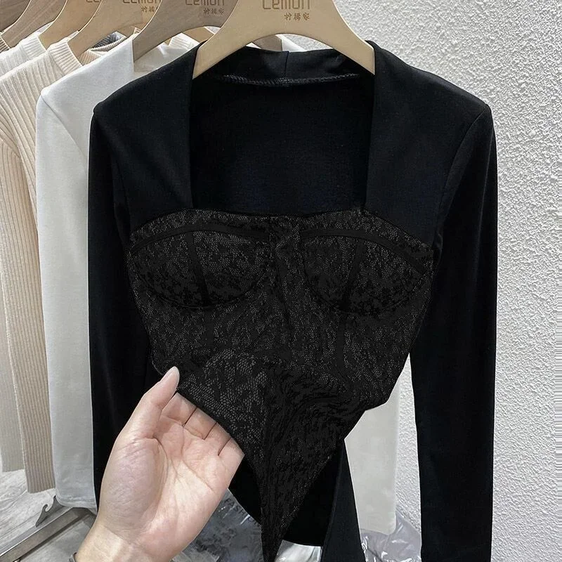 

Рубашка с квадратным вырезом для женщин, блузки из двух предметов с длинным рукавом, одежда для женщин, топы, рубашки, блузки