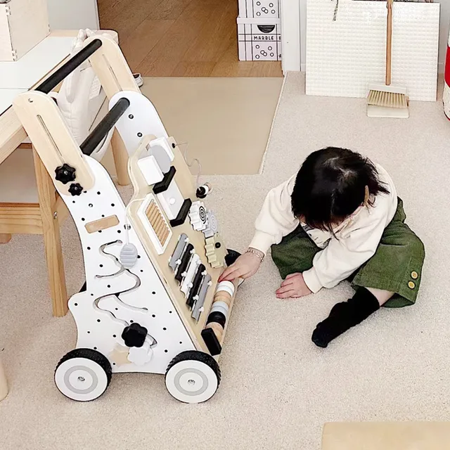 Wooden Baby Walker Cart - Anti Rollover & O-Shaped Leg Design, Adjustable Multifunctional Learning Walking Toy for Toddlers 2