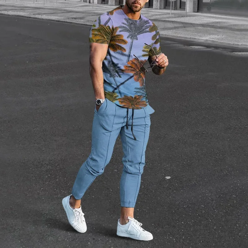 

Hawaii Men's T-shirt Pants Tracksuit Coconut Tree 3D Print T Shirts Trousers Set 2 Pieces Streetwear Oversized Suits Sportswear