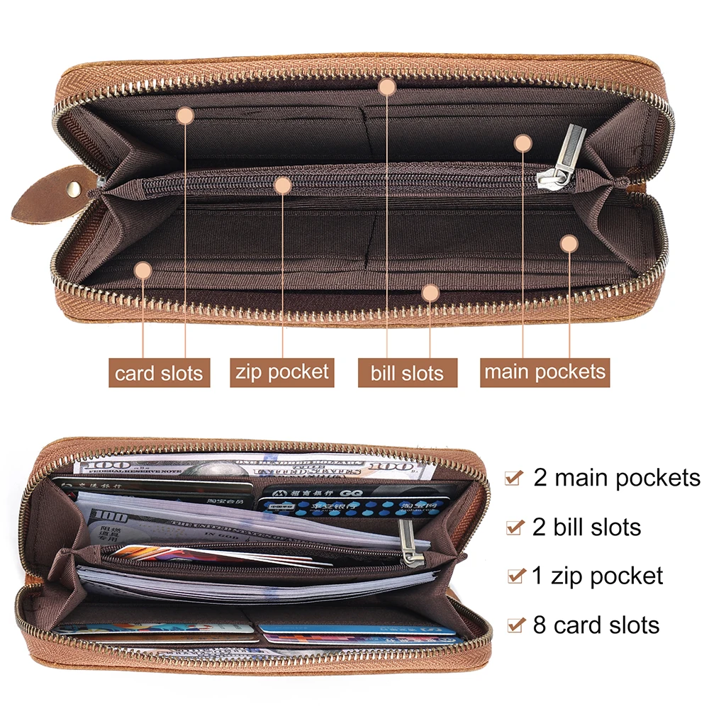 JOYIR Genuine Leather Long Wallets for Men RFID Blocking Cash Credit Card Holder Checkbook Wallet Zipper Coin Pocket Purse Male 2