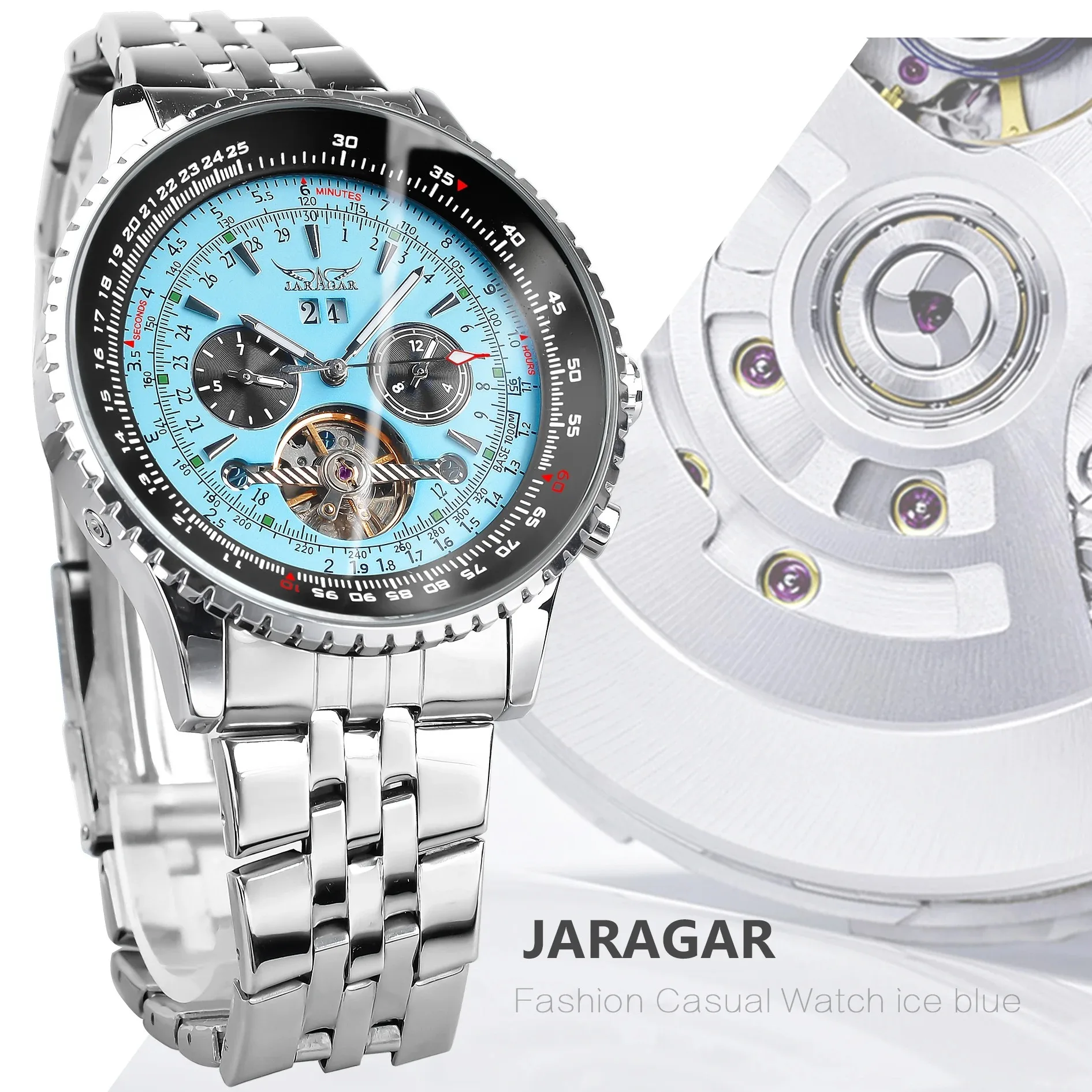 JARAGAR JAR034 Men Automatic Mechanical Watch Fashion Tourbillon TFN Blue Dial Date Display Stainless Steel Military Sport Clock