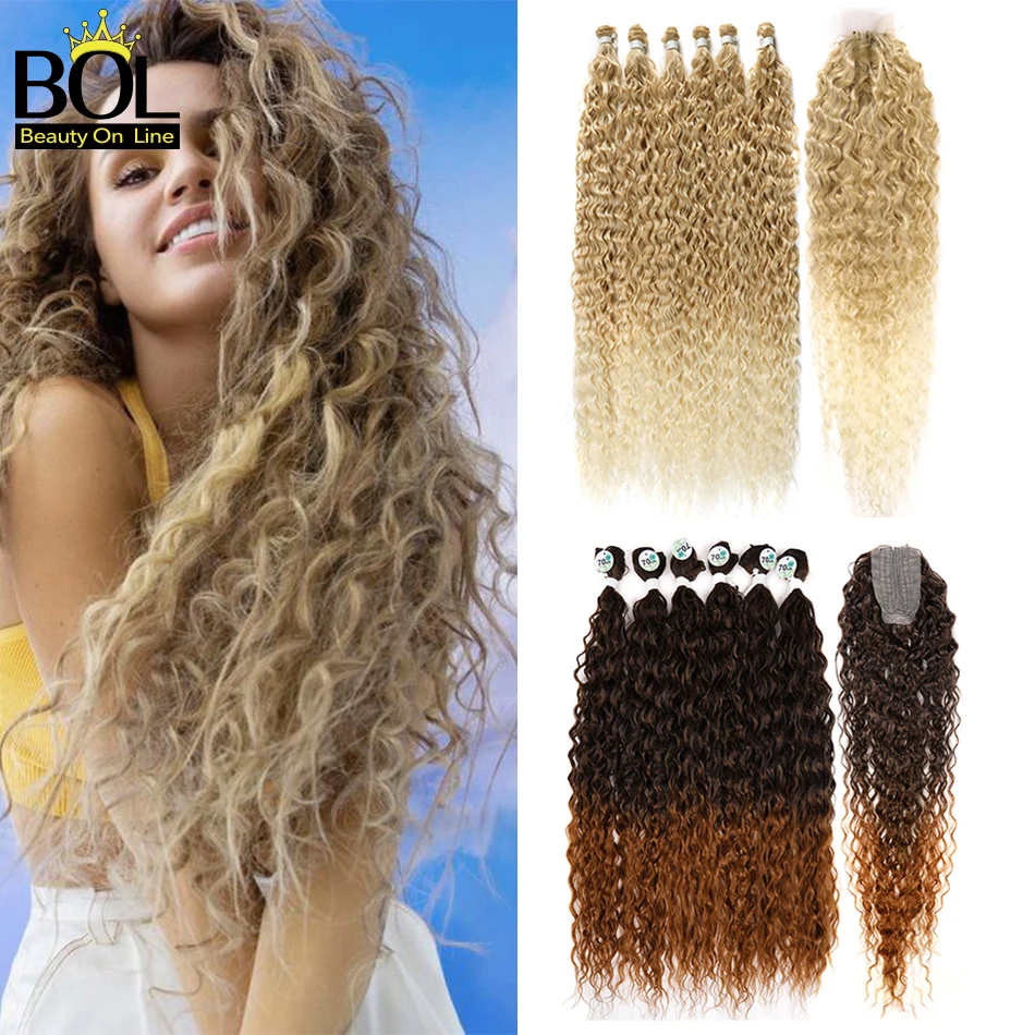 BOL Synthetic Afro Kinky Curly Hair Bundles Extensions With Closure 28/30/32 inch Black Brown Blonde Bundles Organic Fiber Hair