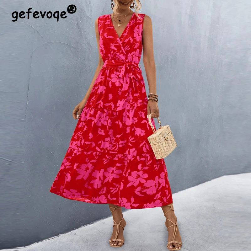 

Women Summer Fashion Print Lace Up High Waist Elegant Party Long Dresses Female V Neck Sleeveless Slim Beach Maxi Dress Vestidos