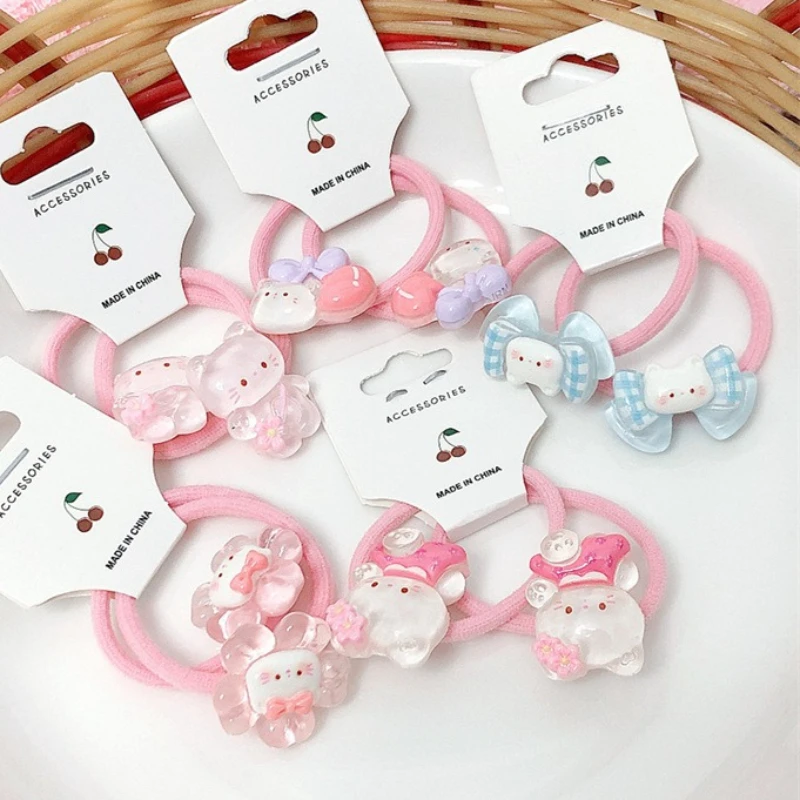 2pcs Pink Cat Girl Hair Ring for Kids Cute Cartoon Hair Band Kawaii Transparent Korean Elastic Hair Band Headwear Accessories