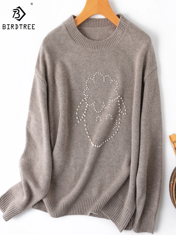 

Birdtree 100%Wool Pullover Round Neck Long Sleeves Nail Beads Slimming Comfortable Soft Commute Sweater Fall Winter T3N132QD