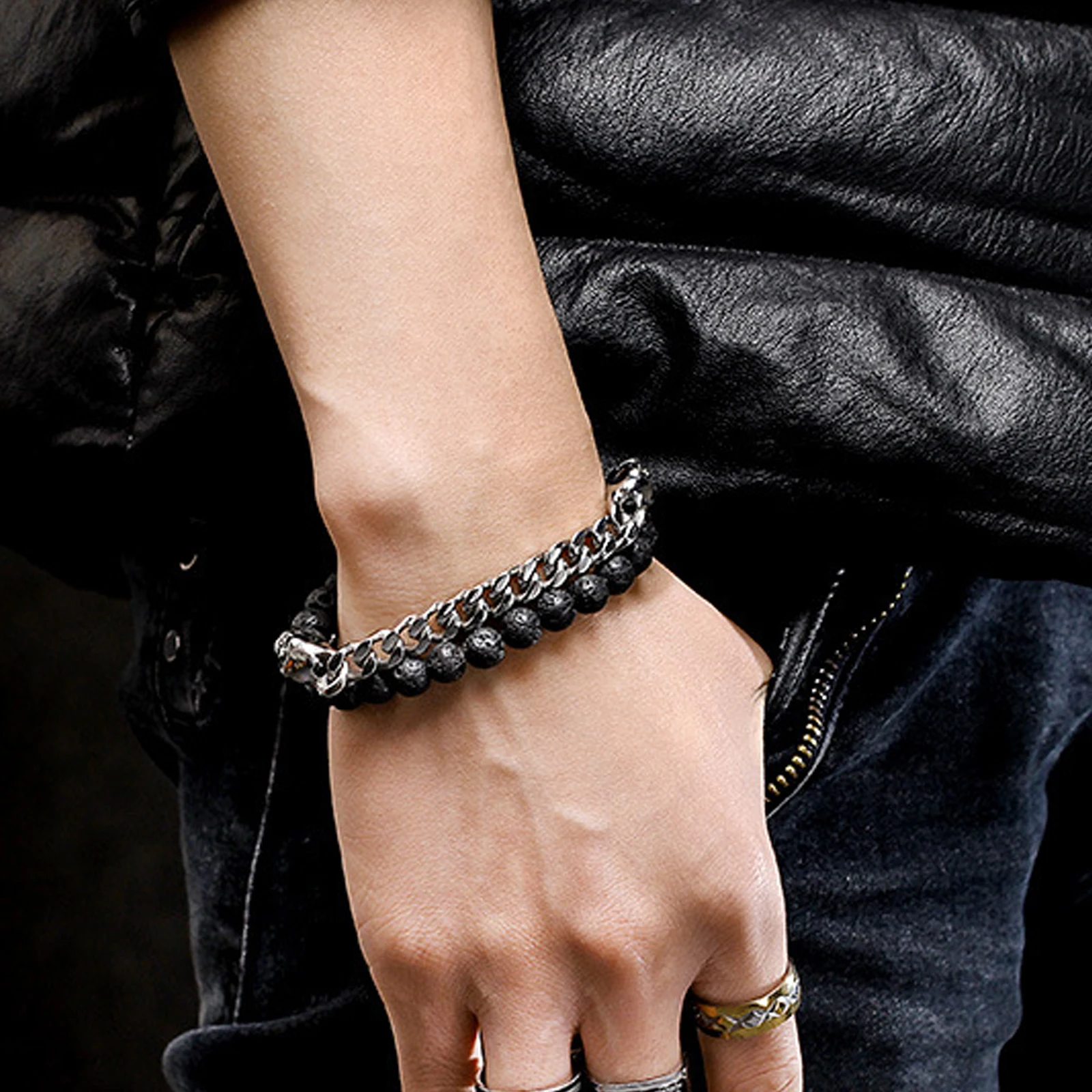 Couple High Quality Stainless Steel Bracelet Punk Skull Cuban Black Beaded Jewelry