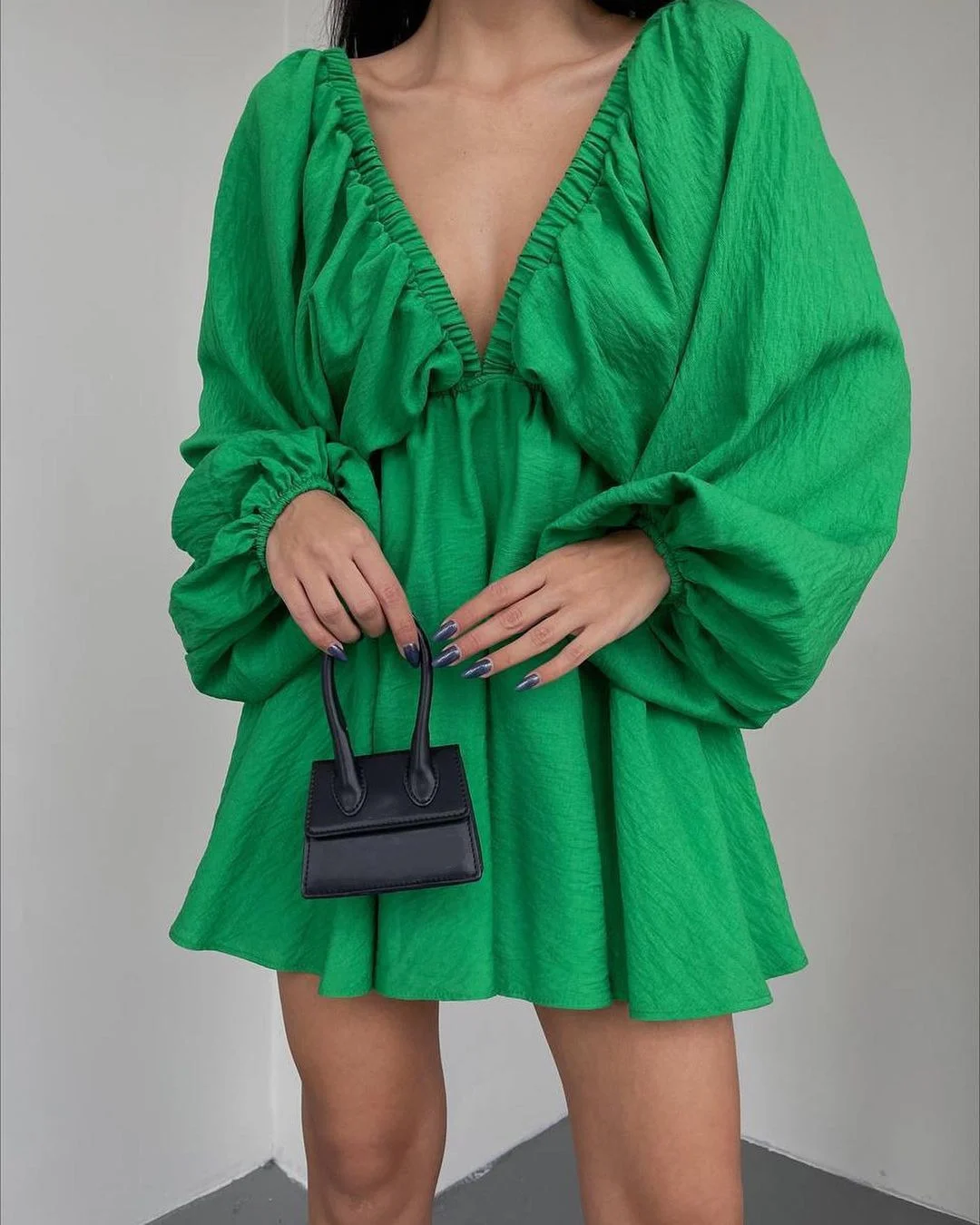 

Womens Dresses 2023 Summer Fashion Puff Sleeve Solid Color Casual V-Neck Long Sleeve Daily Large Hem Mini A-Line Dress