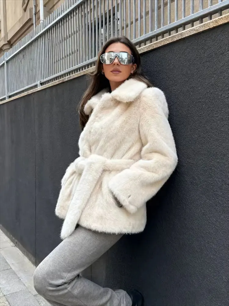 HH Women Elegant Solid Faux Fur Coats Casual Winter Warm Outwear Lapel Long Sleeve Jacket With Belt Fashion Female Streetwear
