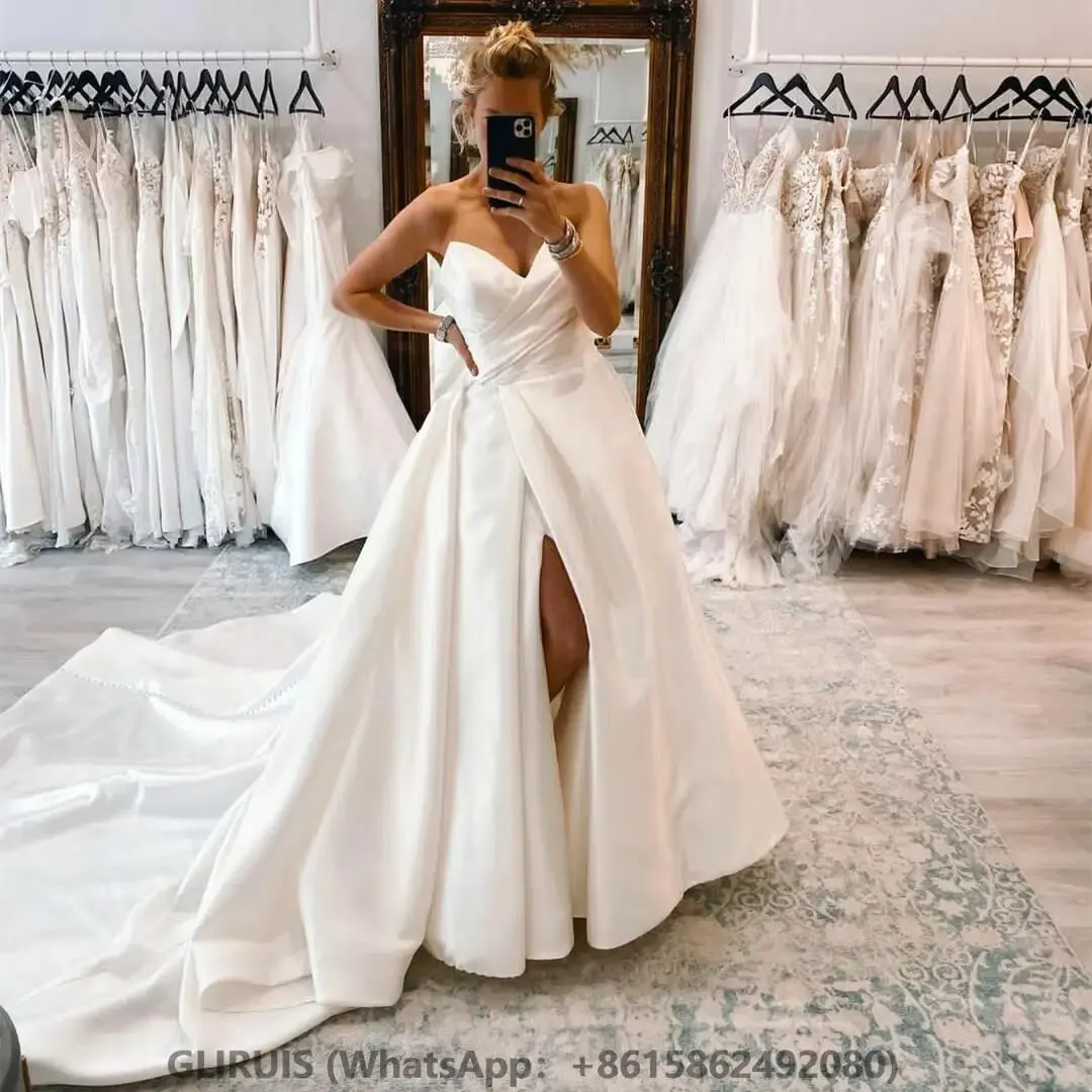 satin-long-v-neck-wedding-dress-with-pockets-فساتين-السهرة-a-line-pleated-bridal-gowns-with-slit-robe-de-soiree-for-women