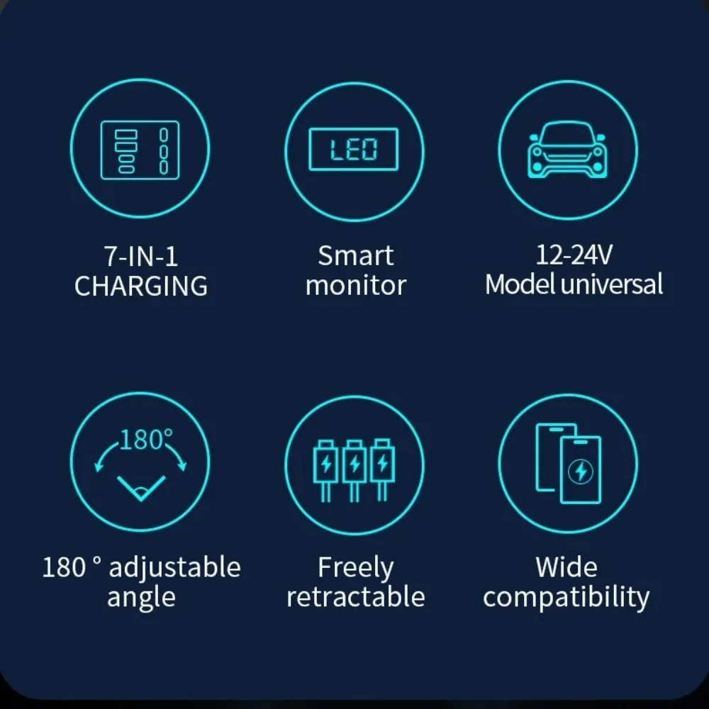 7-in-1 Retractable Car Charger Fast Charging USB Type-C Power Adapter With LED Retractable Cable for iPhone Xiaomi