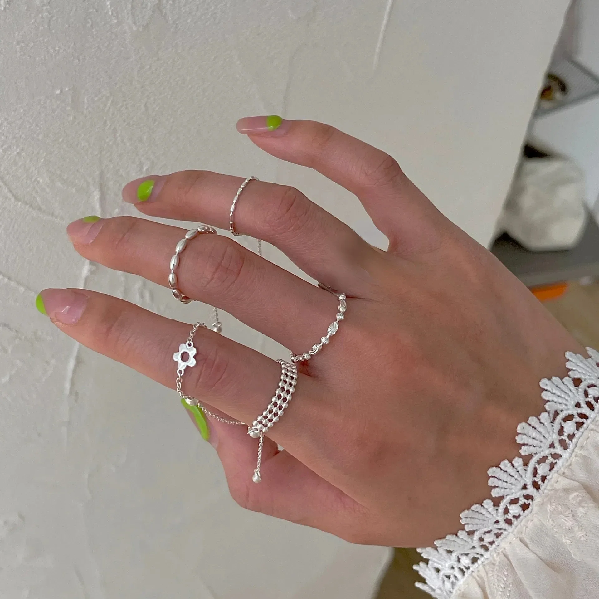 MEETSOFT 925 Sterling Silver Flower Multi Layer Long Tassel Chain Adjustable Ring for Women Trendy Fine Jewelry silver ring silver rings