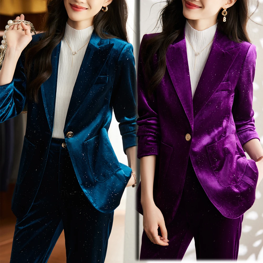 High Quality Shiny  Velvet Autumn Winter Formal Blazer Women Business Suits with Sets Work Wear Office Uniform Pants Jacket