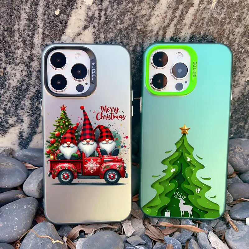 Weihnachtliche Baum- und Weihnachtsmann-Handyhülle für iPhone 13 12 11 Pro Max Mini 17 16 15 14 Plus Pro Max Landschafts-Laser-Rückseiten-Cover