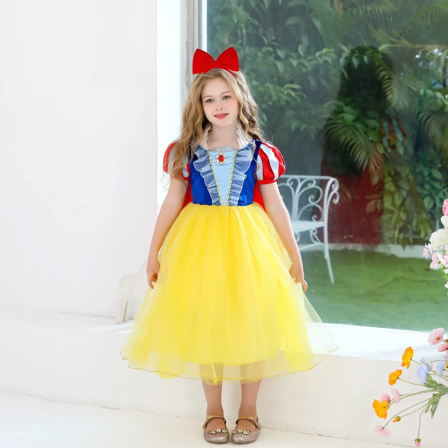 Fantasy Snow White Cos Dress With Cloak Girl Blue Puffy Sleeves