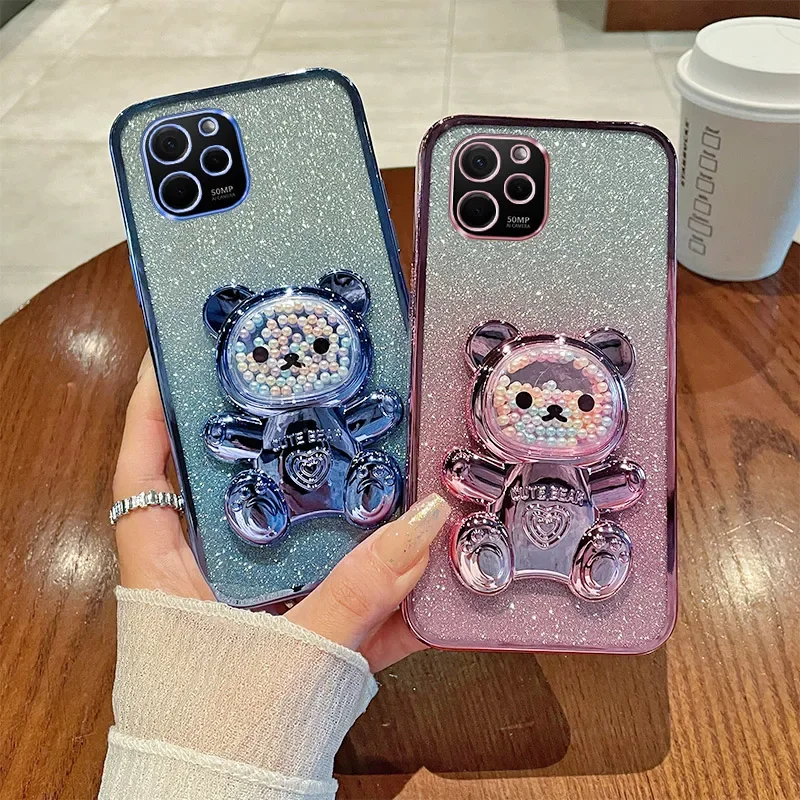 Soft Silicone Bling Electroplated TPU Phone Case with Cute Bear Stand