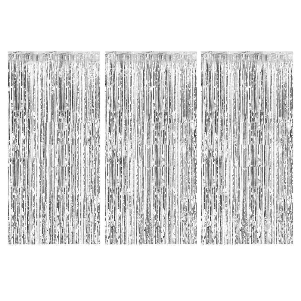 Silver Foil Fringe Curtains - Set of 3, Metallic Rose Gold Tinsel Streamers for Celebrations and Events Backdrop Decor