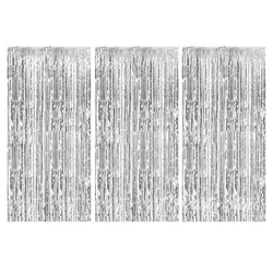 Silver Foil Fringe Curtains - Set of 3, Metallic Rose Gold Tinsel Streamers for Celebrations and Events Backdrop Decor (Silver)