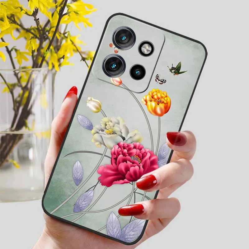 Cartoon Flowers Printed Silicon TPU Case - Soft Black Bumpers