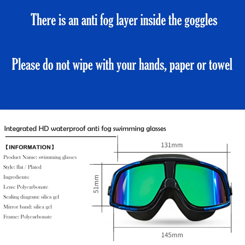 -1.5 To -10.0 Myopia Swim Eyewear Silicone Large Frame Anti Fog Swimming Goggles Custom Different Degree For Left Right Eyes