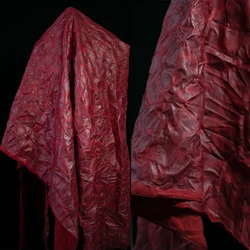 Red PU Leather Pleated Vintage Fabric Creative Clothing Designer Sewing Fabric by the Meter