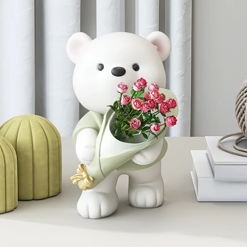 Nordic Bear Doll Resin Statue Bouquet Flower Arrangement Living Room Porch Decoration Ornaments Desk Vases Figurines Home Decor