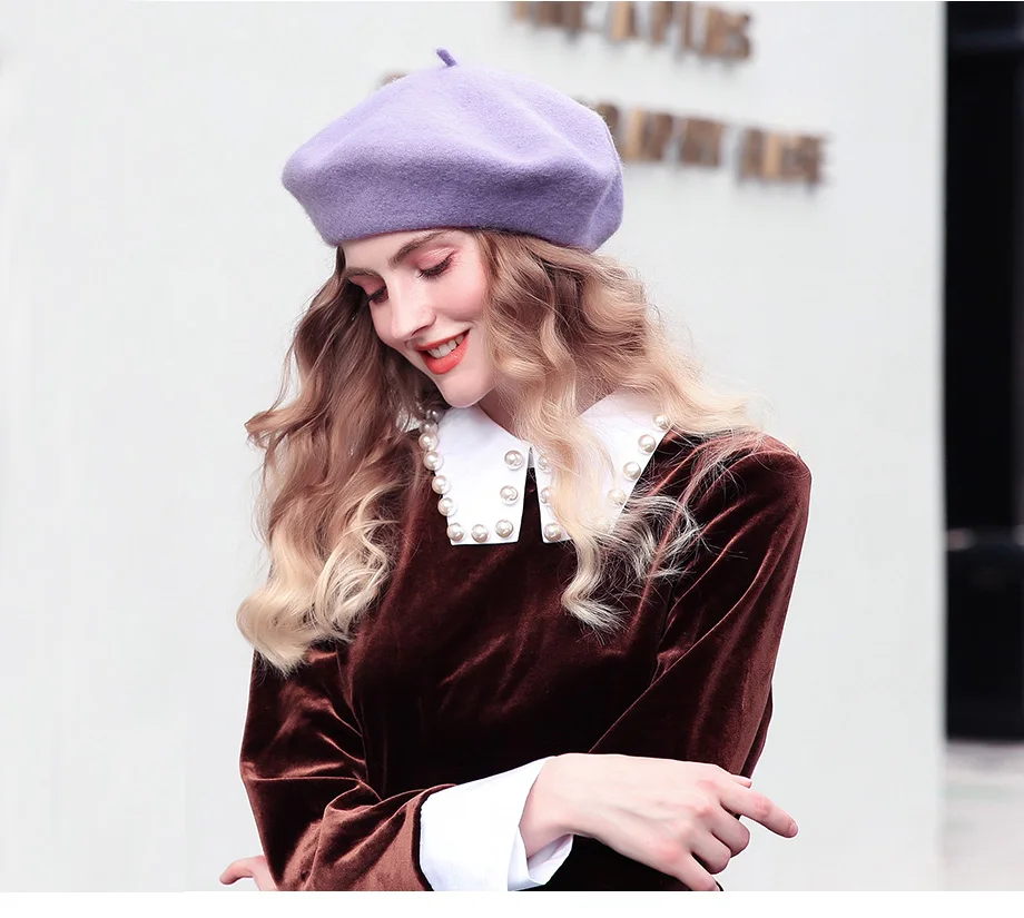 Wolle Baskenmütze Hut Frauen Winter Dicke Französisch Hut Mädchen Einfarbig Herbst Berets Caps Hüte Für Frauen Flache Kappe Hut Filz Berets – Detail 20
