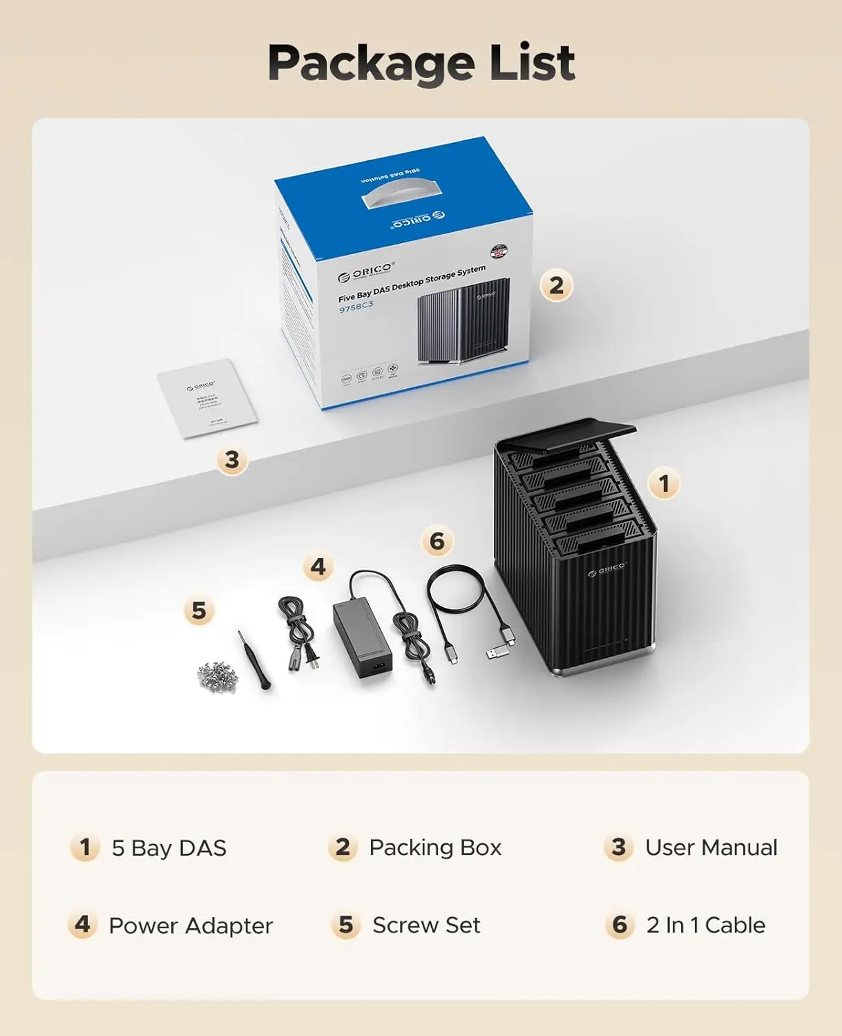 ORICO 2 5베이 USB C 하드 드라이브 인클로저 DAS 인클로저 개인용 스토리지(12V 4/10A 전원 어댑터 포함) 저소음 디자인 강력한 방열 기능