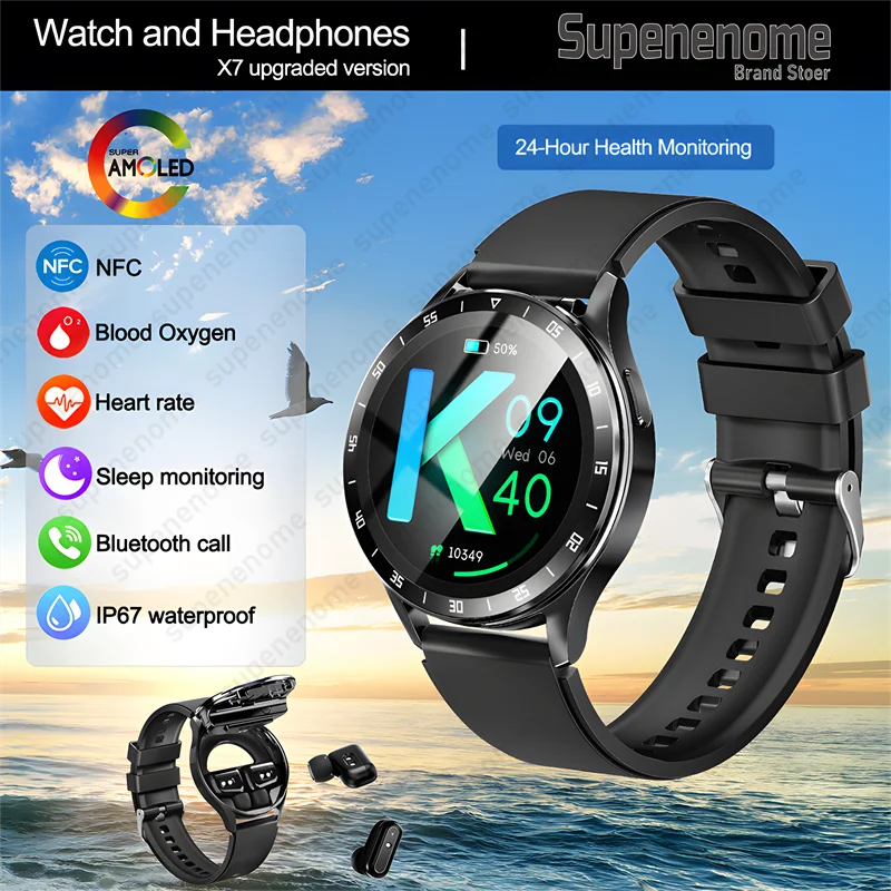 

2024 New TWS Music Talk NFC Men Smart Watch with Earbuds Smartwatch Earphone 2 In 1 4 Hours Of Strong Sound Effects Music Lover